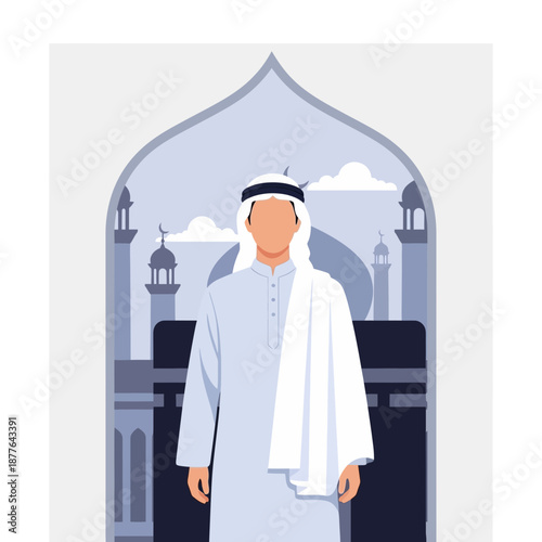 Muslim man in traditional attire standing before the Kaaba and mosque architecture, representing Hajj pilgrimage.