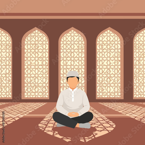 A Muslim man sitting peacefully on a prayer mat inside a mosque with ornate windows.