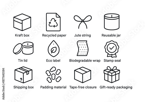Eco-Friendly Candle Packaging. Sustainable candle packaging. Line icon set of sustainable candle packaging: kraft box, recycled paper, jute string, reusable