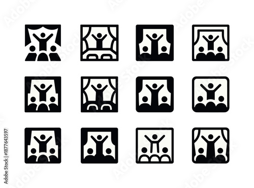 Interactive Theater Icons. Interactive theater. Icon set. Set Logo of interactive theater: immersive room scene. harmonious logo variations of the same