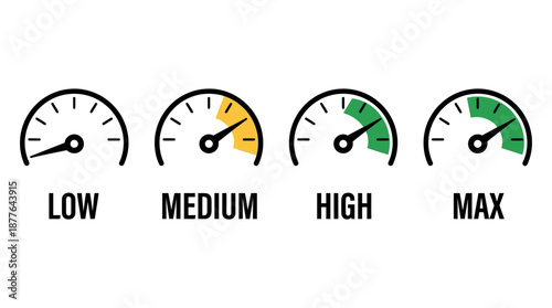 Analog Speed Level Indicator Gauge Vector with Colorful Dashboard Dials Showing Low Medium High and Max Performance