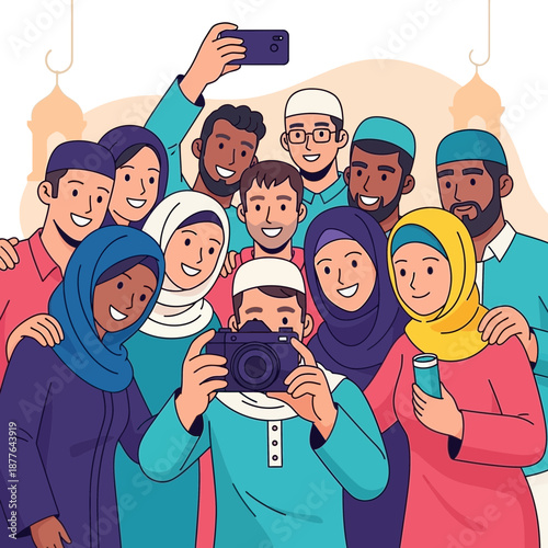 A diverse group of smiling Muslim friends taking photos and selfies together, celebrating community and togetherness.