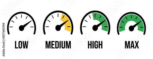 Analog Speed Level Indicators Vector with Colorful Dashboard Gauge Dials for Energy Power and Performance Measurement