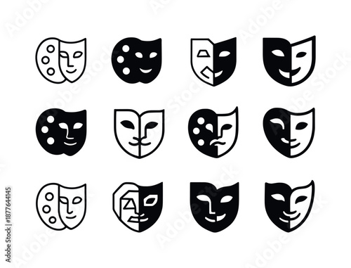 Fusion Mask Logos. Art and culture blending. Icon set. Set Logo of art and culture blending: fusion mask emblem. harmonious logo variations of the same