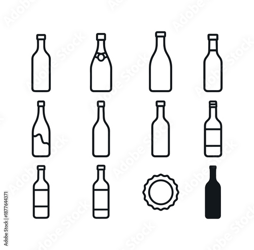 Wine Bottle Icons. Wine bottles. Line icon set of Wine bottles: standard bottle, sparkling bottle, magnum bottle, mini bottle, aged bottle, corked bottle,