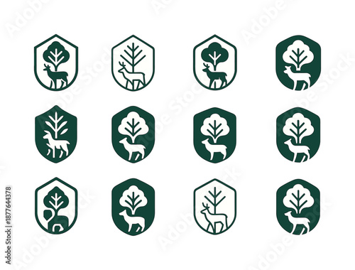 Eco-Tourism Logo Set. Eco-tourism with wildlife preservation. Icon set. Set Logo of eco-tourism with wildlife preservation: conservation badge. harmonious logo