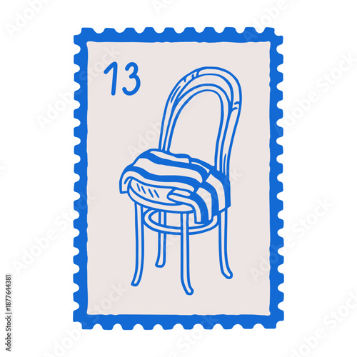 Post stamp design. Doodle sketch drawing, chair furniture on postal mark. Postmark in Dolce vita style. Mail, postage card in perforated frame. Flat vector illustration isolated on white background