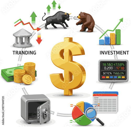 Create a Banking, trading, investment, statistic 3d icon. Finance business concept vector art with white background.