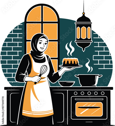 Woman wearing apron cooking in kitchen with oven and lantern