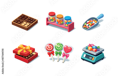 Candy Shop Icons. Candy Shop. Isometric flat vector icons set of candy shop: chocolate display tray, sweets jar shelf, candy scoop, gift chocolate box, wrapped