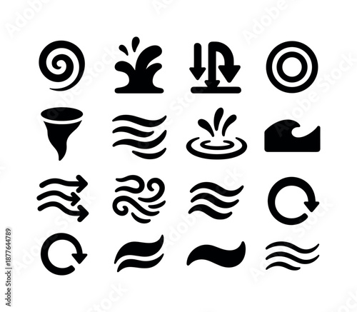 Water Movement Icons. Water movement. Solid icon set of water movement: swirl flow, upward surge, downward pull, ripple ring, vortex icon, current lines, water