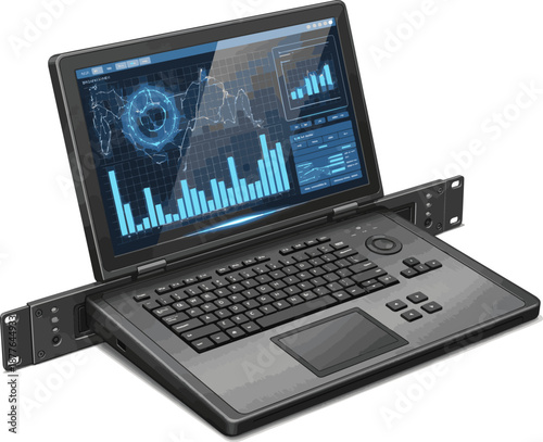 Create a realistic Rackmount LED console in server room data center - 3d illustration vector art with white background.