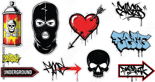 Collection of distinct urban street art stickers featuring graffiti tags a balaclava mask a skull and an arrow piercing a bleeding heart