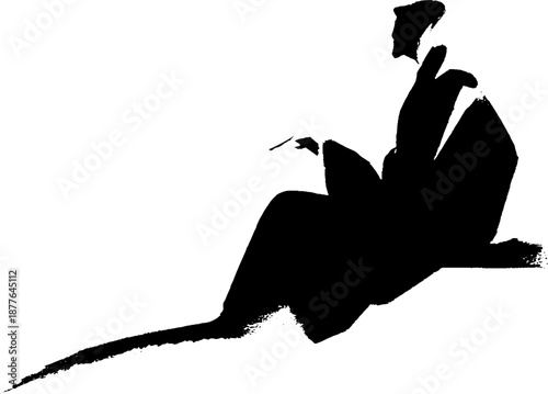 Silhouette of seated asian man in traditional robe holding pipe on white background