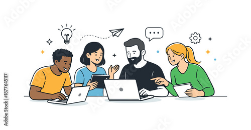 Startup Team Synergy. Startup team collaboration. A diverse group working together on laptops and tablets in a shared space. Energy, ambition, and focused