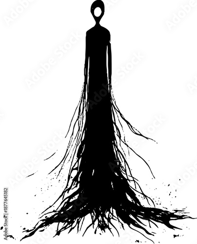 Mysterious silhouette figure with flowing ink-like trails on white background