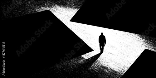 Abstract silhouette of a lone male figure against high contrast geometric background
