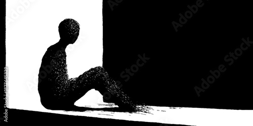 Monochrome silhouette of seated figure in contrasting light and shadow