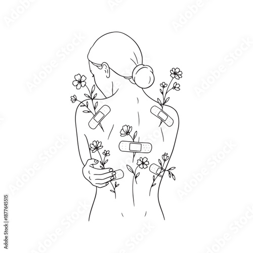 Woman hugging herself with flowers growing from bandages on back, vector line art illustration. Concept of self-love, mental health healing, emotional recovery and growth. Minimalist sketch design.
