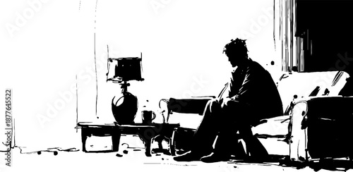 Silhouette of a male in a pensive mood sitting on sofa in monochrome style