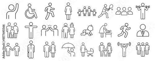 People and community line icon set, family and teamwork outline pictograms, social communication and support symbols collection, thin vector on transparent background