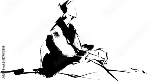 Abstract ink drawing of seated asian figure in contemplation