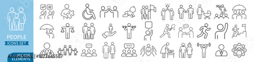 People and social interaction outline icon set, community and teamwork, communication and support, business and management line pictograms collection on transparent background