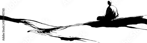 Silhouette of a meditative figure on abstract landscape in black and white