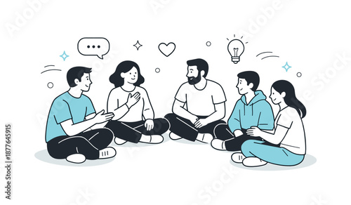 Supportive Circle Gathering. Peer support circle. Participants sitting in a circle, exchanging thoughts and encouragement. Emotional connection and collective