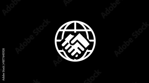 A white graphic of two clasped hands within a globe on a solid black background