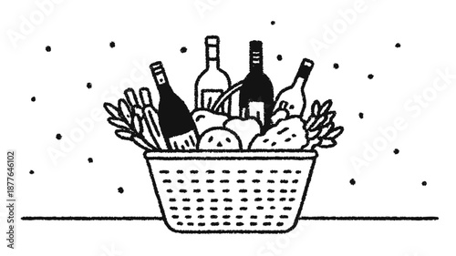 Hand drawn grocery shopping bag illustration with fresh food items in a simple sketch style