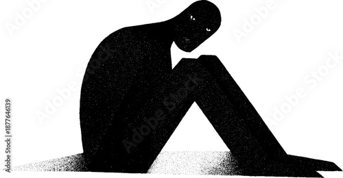 Minimalist monochrome silhouette of contemplative figure sitting alone