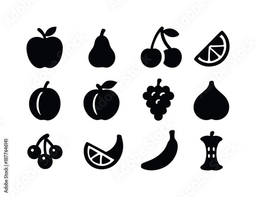 Black Fruit Icons Grid. Fruit icons. Solid icon set of fruit icons: apple, pear, cherry pair, orange slice, plum, peach, grape bunch, fig, berry cluster,