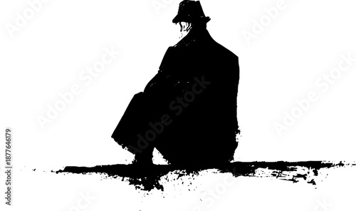 Mysterious silhouette of a loneliness figure in hat sitting cross-legged