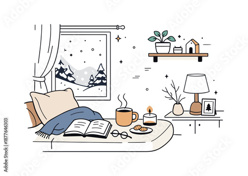 Cozy Winter Retreat. Winter cozy home scenes. Minimal interior illustration capturing a quiet winter afternoon indoors, with warm textiles and a book by the
