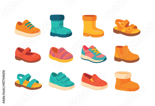 Colorful Kids Footwear Icons. Children?s footwear. Colorful flat vector icons set of Children?s footwear: sneakers, winter boots, rain boots, sandals, school