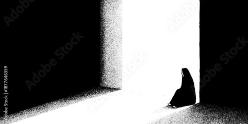 Solitary figure in minimalist monochrome art with dramatic light and shadows