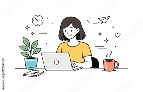 Cozy Remote Workspace. Home office lifestyle. A cozy workspace with a laptop, plant, and coffee cup, representing flexible remote work. Relaxed yet focused