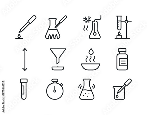 Experimental Procedure Icons. Experimental procedures. Line icon set of Experimental procedures: pipetting steps, heating step, cooling step, titration setup,