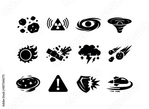 Cosmic Hazard Icons. Cosmic hazards. Solid icon set of Cosmic hazards: asteroid field, radiation waves, black hole, gravity well, solar flare, debris