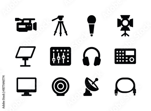 Broadcast Equipment Icons. Broadcast equipment. Solid icon set of broadcast equipment: video camera, tripod, microphone, studio light, teleprompter, mixing