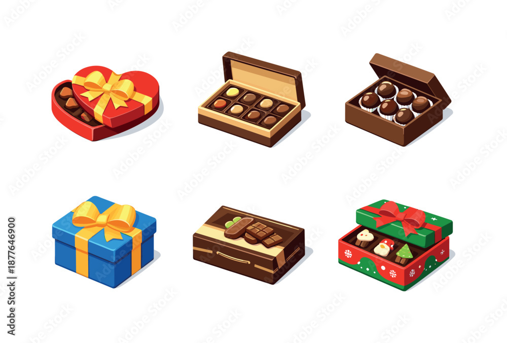 Obraz premium Chocolate Gift Icons. Chocolate Gifts. Isometric flat vector icons set of chocolate gifts: heart chocolate box, praline box, truffle box, ribbon gift box,