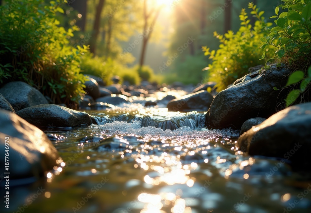 Fototapeta premium Sunlit Mountain Stream Flowing Over Glossy Stones Serenity Fresh Wilderness