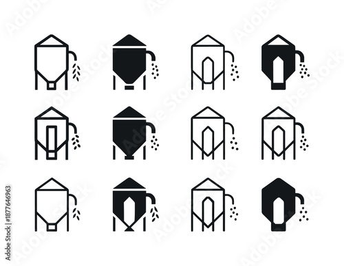 Grain Silo Icons. Grain silo. Icon set. Set Logo of grain silo: silo with grain chute. harmonious logo variations of the same emblematic concept, each with