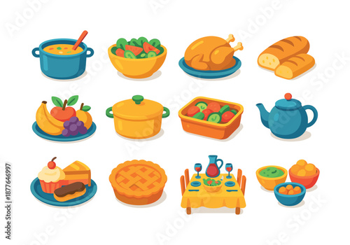 Vibrant Feast Icons. Family Feast. Colorful flat vector icons set of Family Feast: shared soup pot, large salad bowl, roasted chicken, fresh bread, fruit