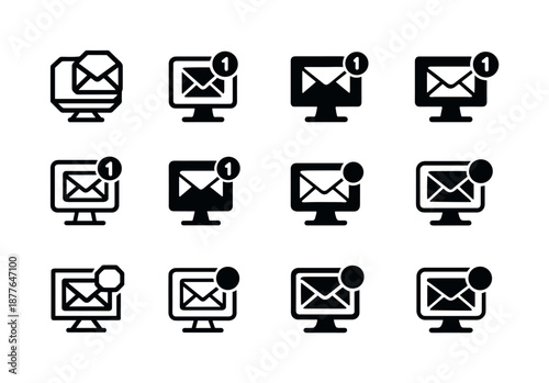 Email Alert Icons Grid. Responding to emails during work hours. Icon set. Set Logo of Responding to emails during work hours: desktop mail alert. harmonious