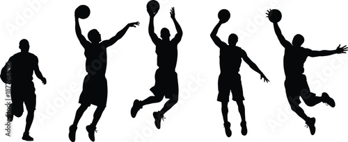 Basketball player silhouettes jumping and shooting, dynamic sport action poses, perfect for fitness, competition, training, athletic lifestyle, vector design and team concepts