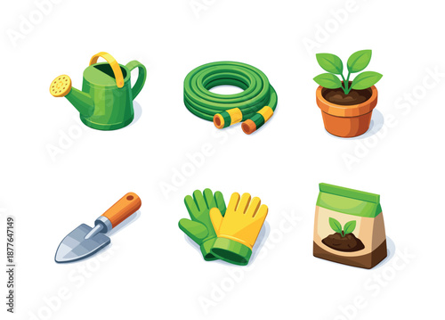 Home Gardening Icons. Home gardening. Isometric flat vector icons set of Home gardening: watering can, coiled garden hose, potted plant, hand trowel, gardening