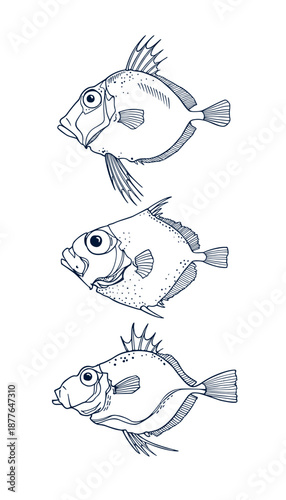 Vector fishing poster with hand drawn illustration of tree funny fishes made in graphic style. Ink drawing, beautiful design elements. Perfect for any industry related to fish.