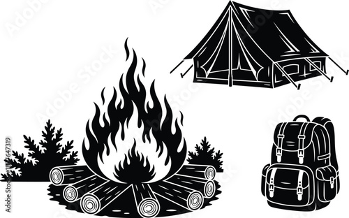 Camping set silhouette with campfire, tent and backpack, outdoor adventure concept, hiking travel, survival gear, nature exploration, vector illustration, black and white